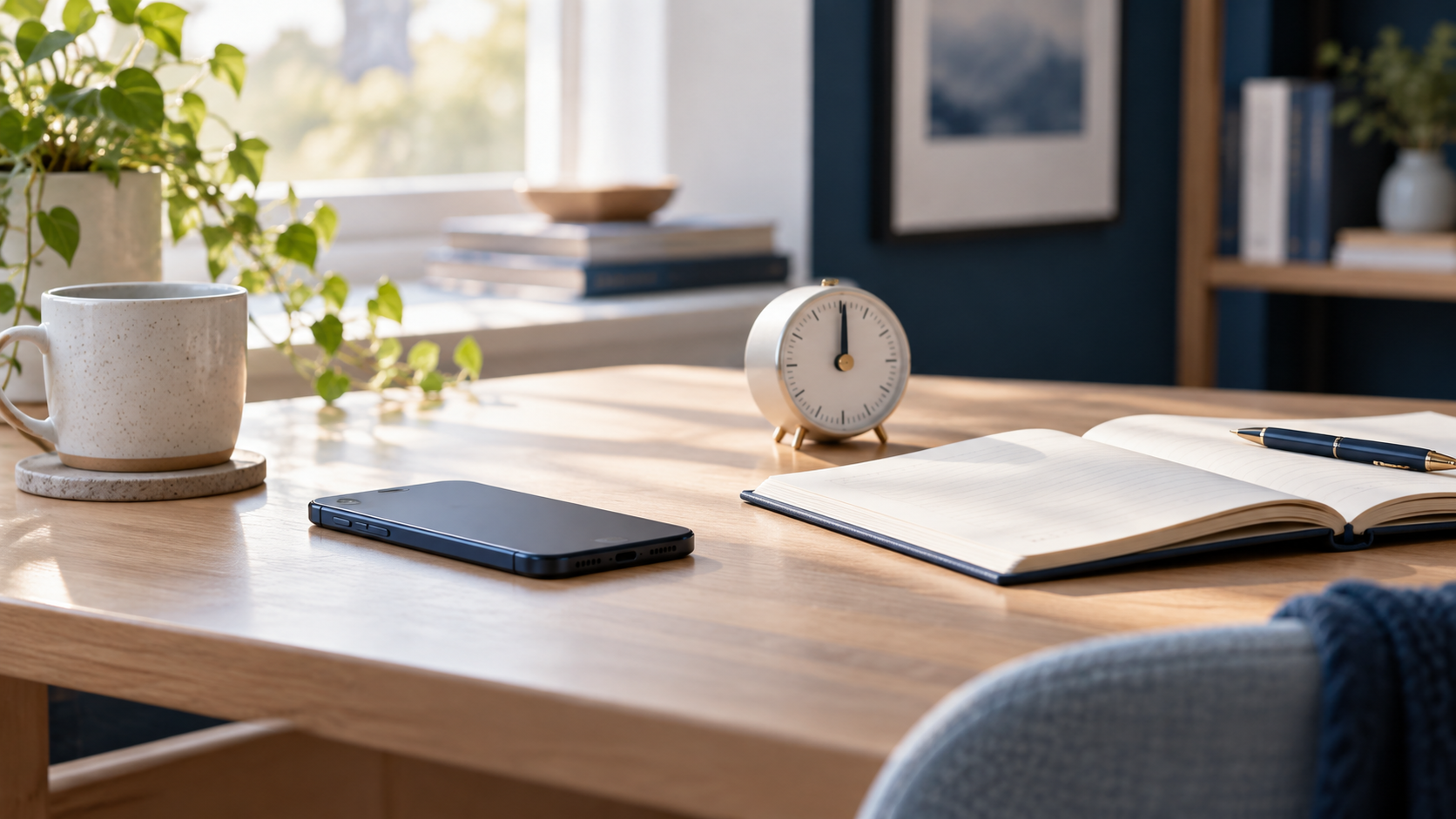 Celular, caderno e relógio sobre uma mesa iluminada, em ambiente sereno