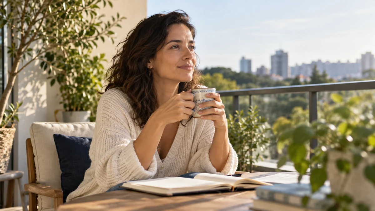 Mulher com uma xícara de café e um caderno em uma varanda iluminada pela luz natural.